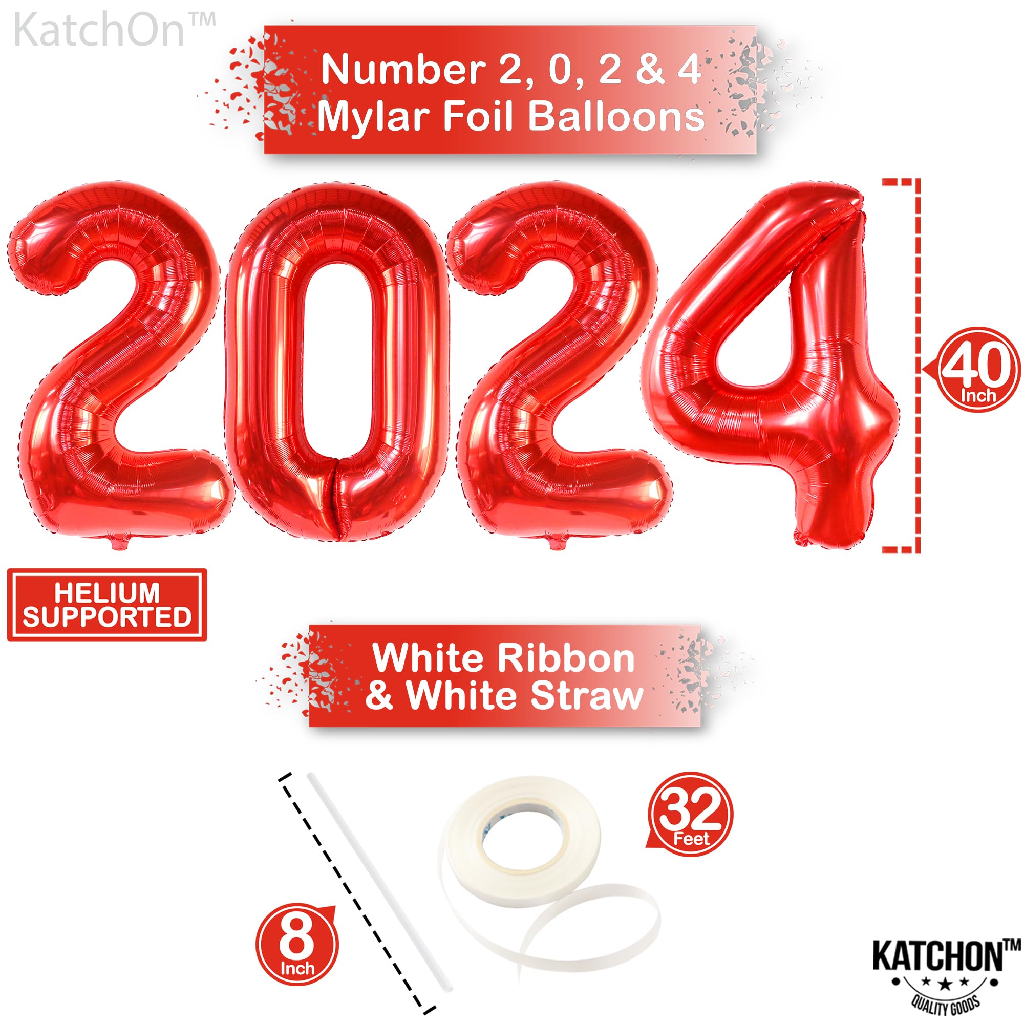 KatchOn, Red 2024 Balloon Numbers Set - Pack of 22 | Giant 40 Inch Red 2024 Balloons, Confetti Balloons, Red and White Graduation Decorations | Red Graduation Decorations Class of 2024 Red and White