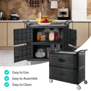 3-Tier Service Utility Carts on Wheels, Mobile Kitchen Cart with Handle & Storage Cabinet, Portable Rolling Cart for Home Hotel Restaurant (Black)