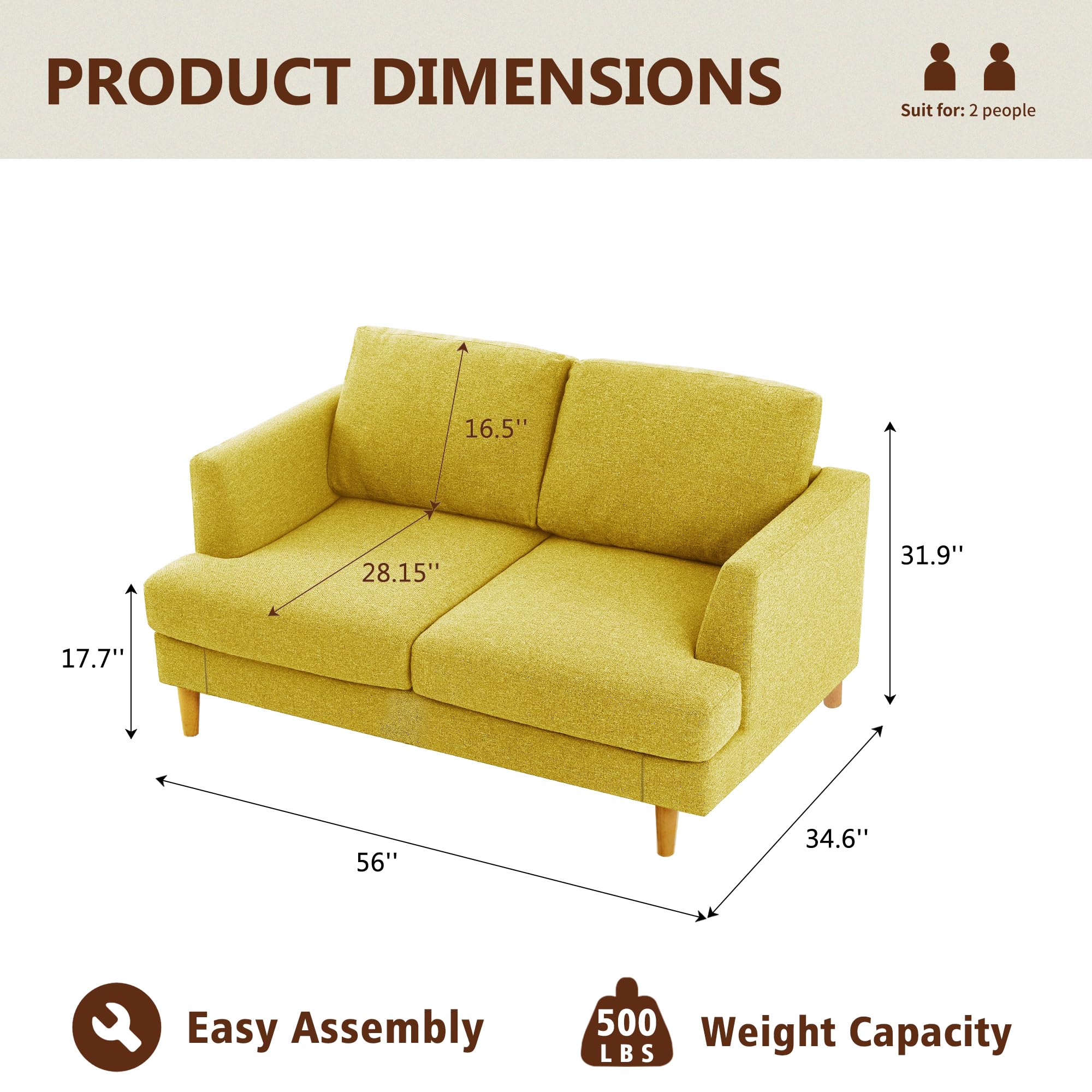 Busaurus Loveseat Sofa with Deep Seats, 56" Small Couches for Small Spaces, Mid Century Love Seat Couches for Living Room, Upholstered 2-Seater Small Couch for Bedroom, Apartment, Yellow