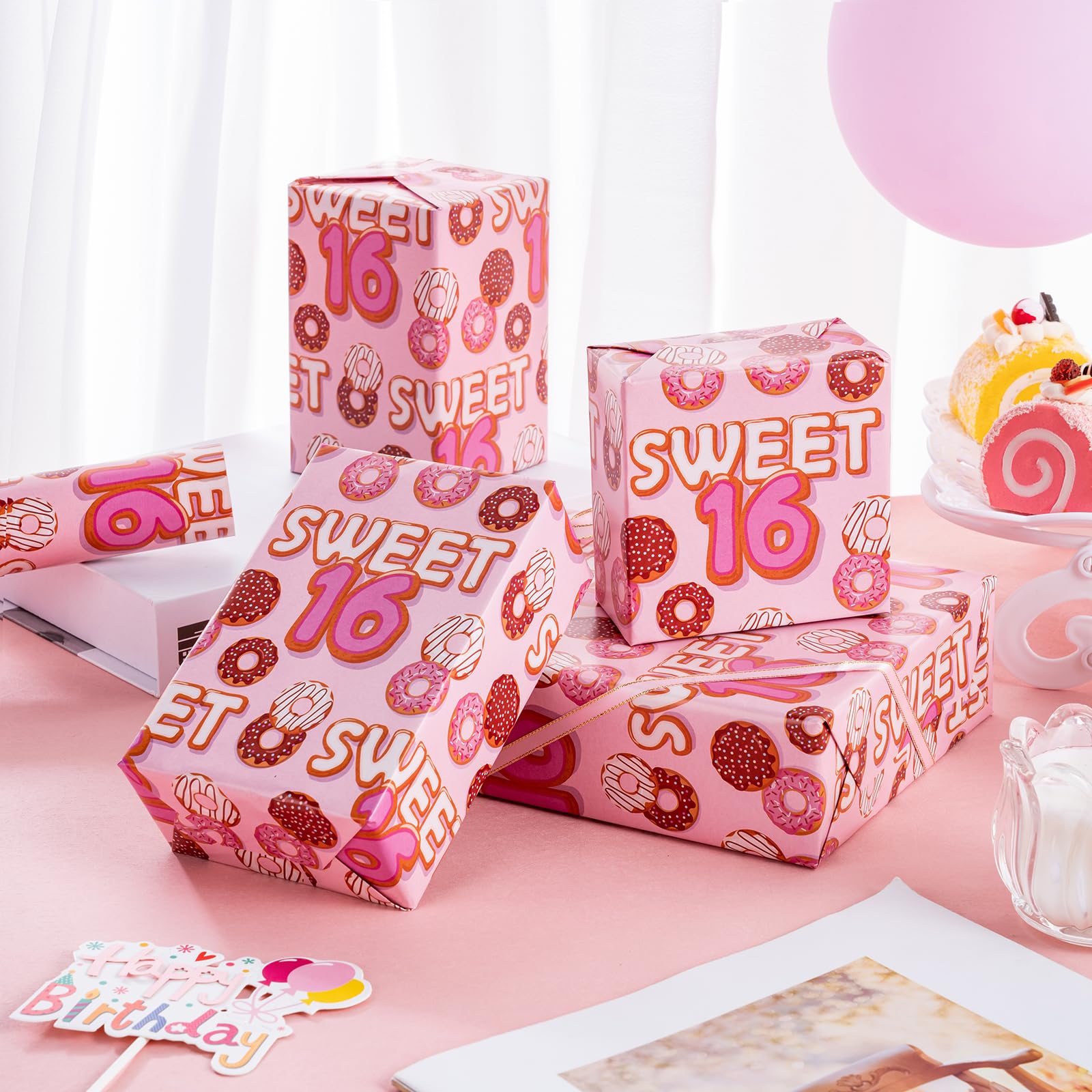 WRAPAHOLIC 16th Birthday Wrapping Paper - Mini Roll - 17 Inch X 33 Feet - Sweet 16 for Birthday, Party, Holiday