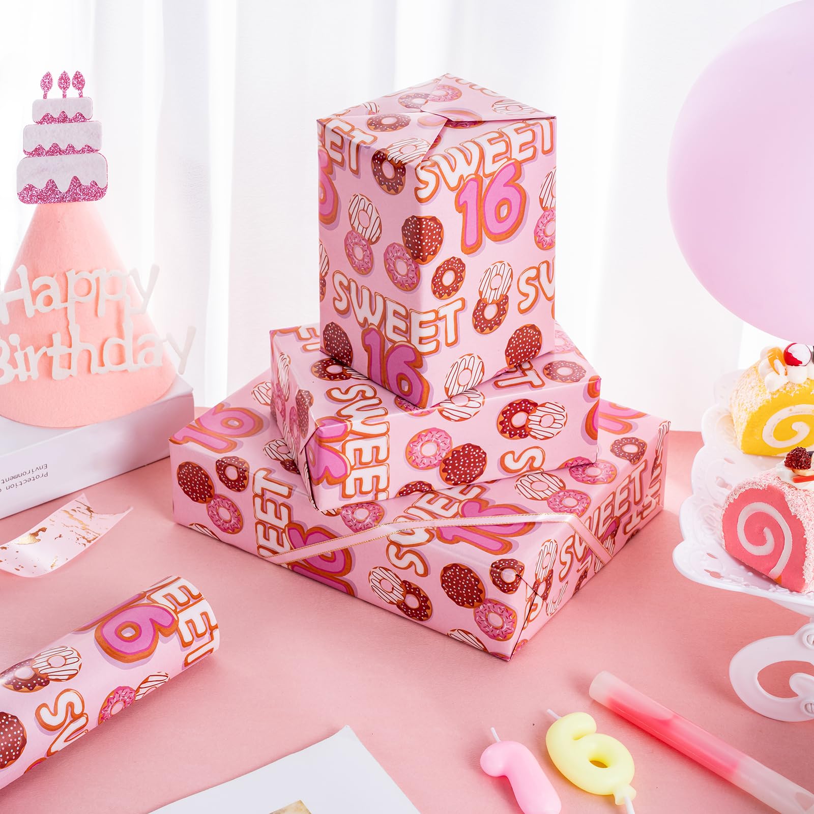 WRAPAHOLIC 16th Birthday Wrapping Paper - Mini Roll - 17 Inch X 33 Feet - Sweet 16 for Birthday, Party, Holiday