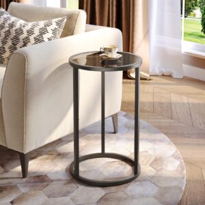 saygoer small side table round glass end table for small spaces narrow couch night stand modern bedside table with black metal frame for bedroom living room, easy assembly