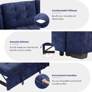 JULYFOX L Sectional Couch w/Pull Out Sleeper Sofa 2 in 1, Button Tufted Corner Sectional Sofa with Chaise USB Ports Power Sockets Velvet Fabric Couch 82 in Wide Sofa for Small Spaces,Navy Blue