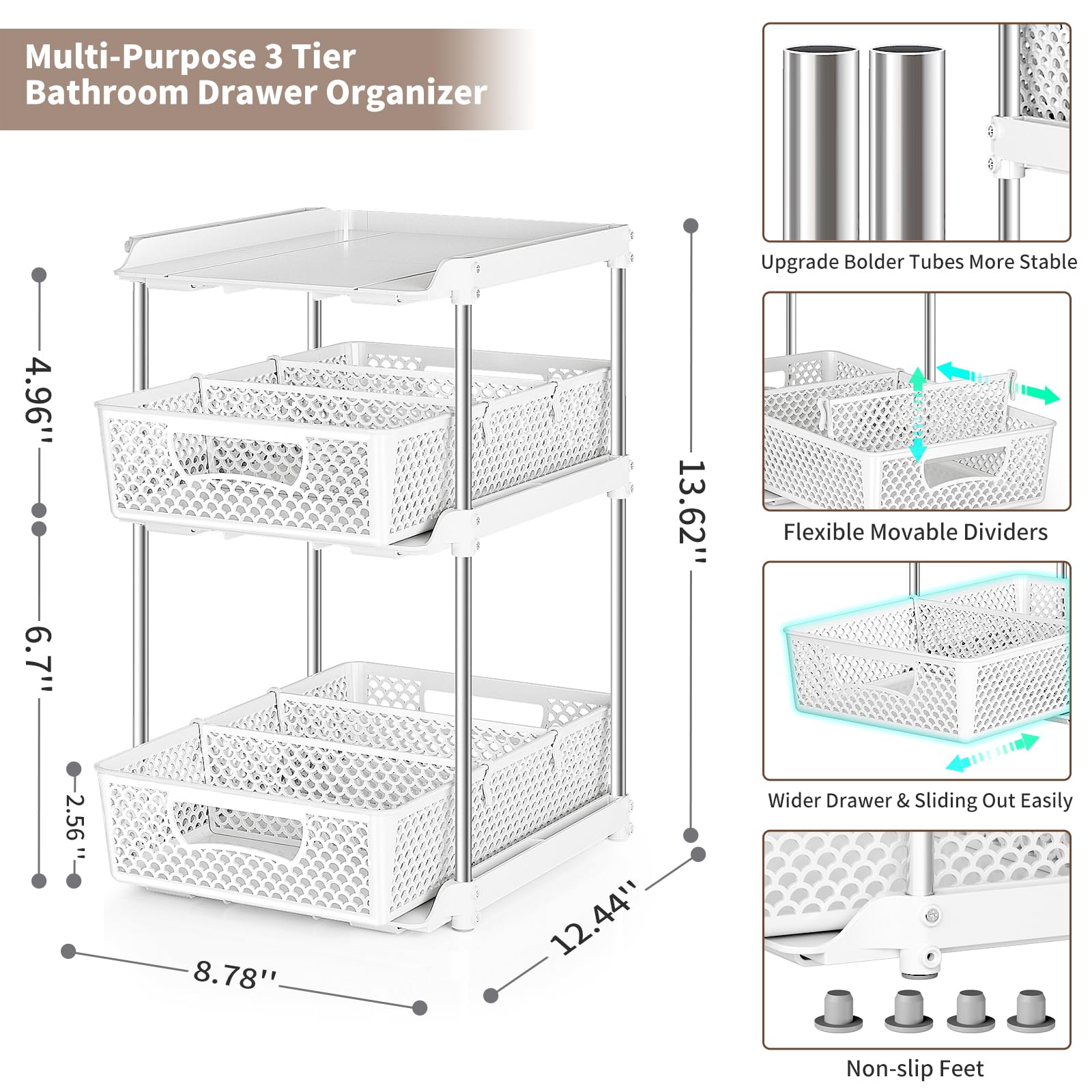 DABIGE 2Pcs 3 Tier Bathroom Organizers and Storage, UPGRADE WIDER BOLDER, Pull Out Under Sink Organizer with Dividers, Kitchen Pantry Organizers and Storage, Bathroom Storage Cabinet - White