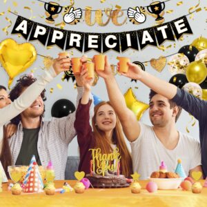 We Appreciate You Thank You Banner Appreciation Decorations Include Gold Glitter Banners Cake Cupcake Toppers Latex Foil Balloons for Teacher Doctor Staff Nurse Pastor Graduation Party (Black)