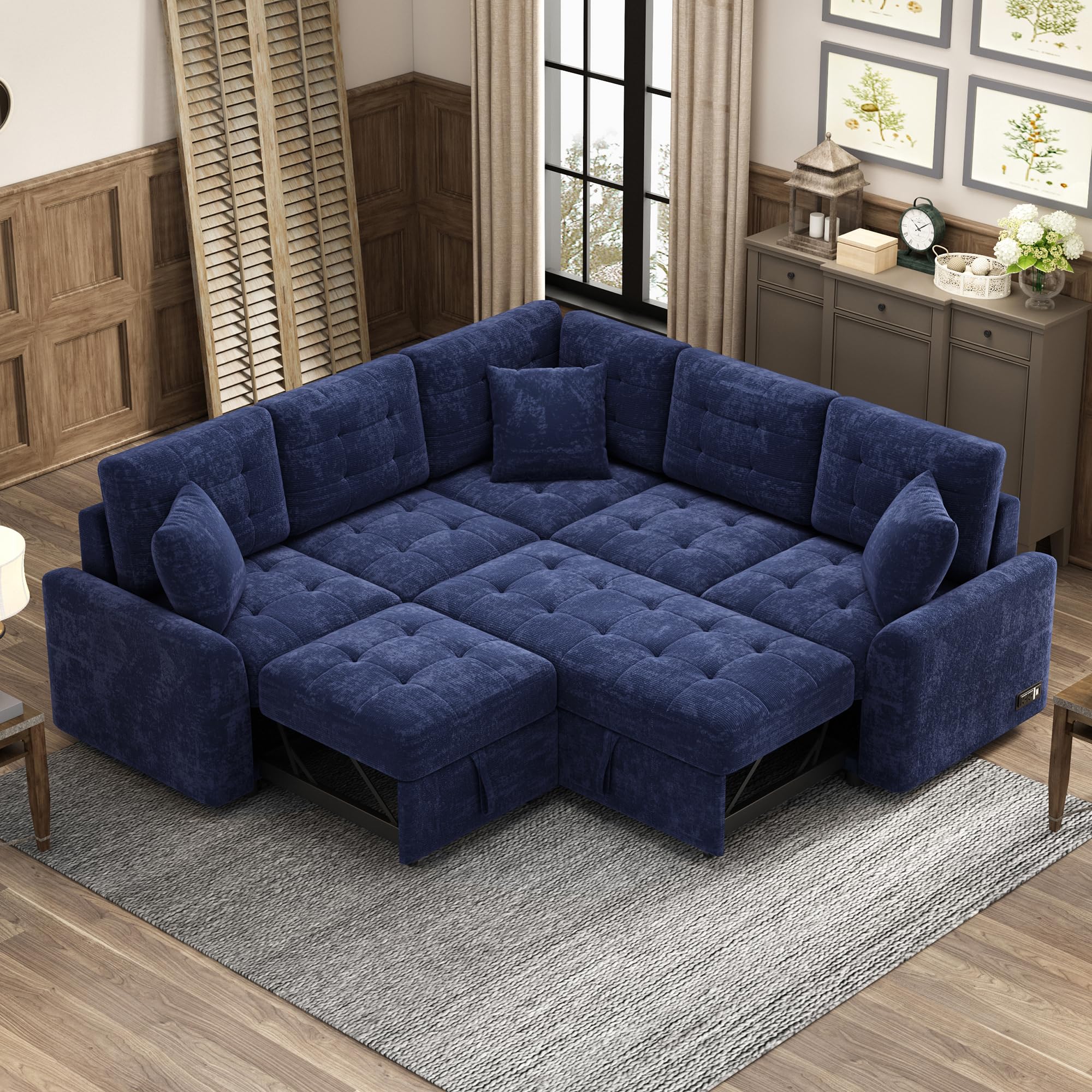 JULYFOX L Sectional Couch w/Pull Out Sleeper Sofa 2 in 1, Button Tufted Corner Sectional Sofa with Chaise USB Ports Power Sockets Velvet Fabric Couch 82 in Wide Sofa for Small Spaces,Navy Blue