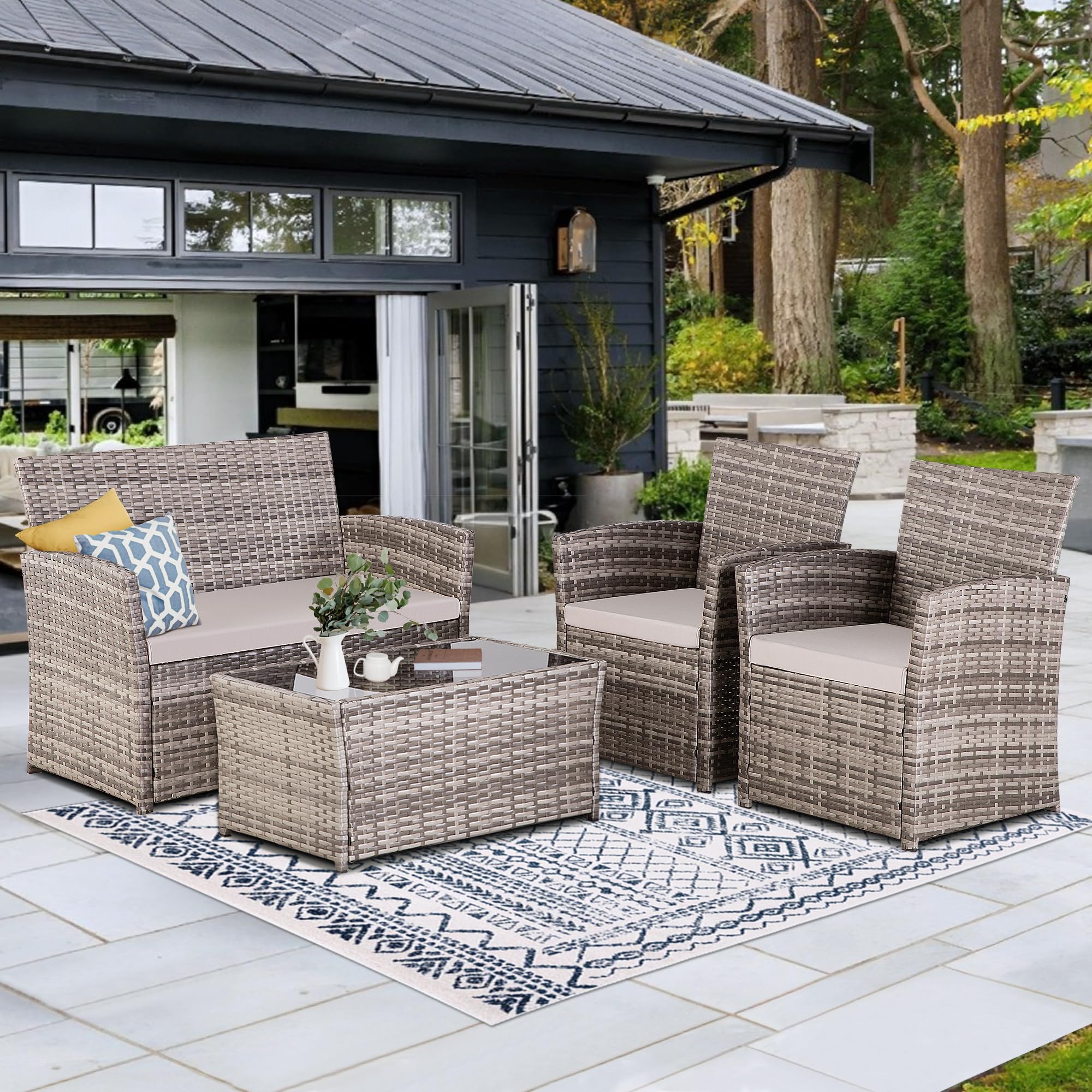 Seogwisam 4 Piece Patio Furniture Set,Outdoor Wicker Conversation Sets,Rattan Sectional Sofa w/Coffee Table,Seat Cushions for Backyard Porch Garden Poolside (Gray/Gray)