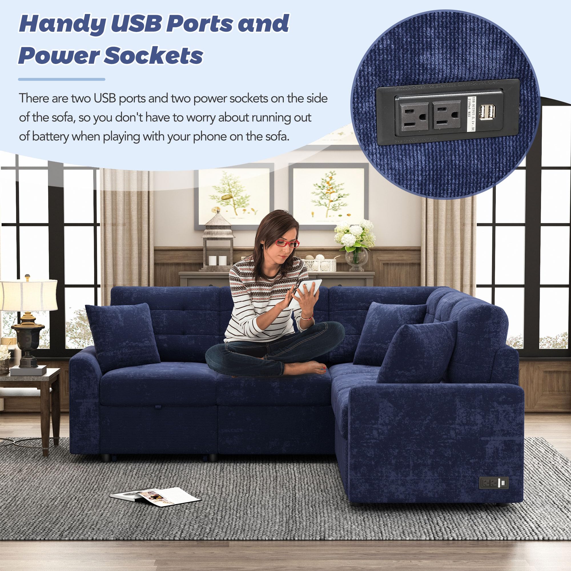 JULYFOX L Sectional Couch w/Pull Out Sleeper Sofa 2 in 1, Button Tufted Corner Sectional Sofa with Chaise USB Ports Power Sockets Velvet Fabric Couch 82 in Wide Sofa for Small Spaces,Navy Blue