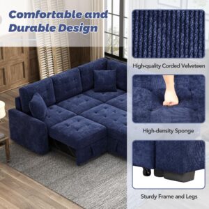 JULYFOX L Sectional Couch w/Pull Out Sleeper Sofa 2 in 1, Button Tufted Corner Sectional Sofa with Chaise USB Ports Power Sockets Velvet Fabric Couch 82 in Wide Sofa for Small Spaces,Navy Blue