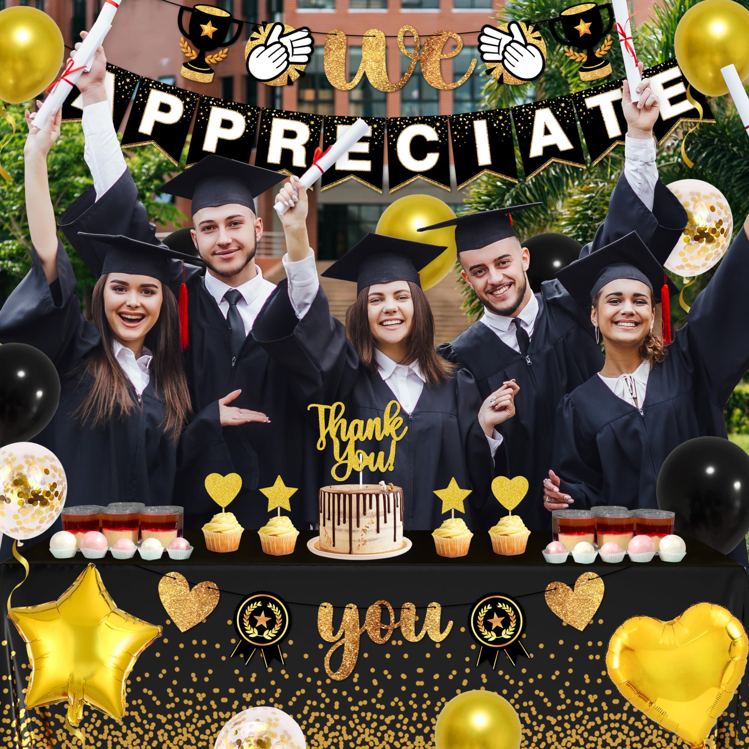 We Appreciate You Thank You Banner Appreciation Decorations Include Gold Glitter Banners Cake Cupcake Toppers Latex Foil Balloons for Teacher Doctor Staff Nurse Pastor Graduation Party (Black)