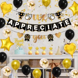 We Appreciate You Thank You Banner Appreciation Decorations Include Gold Glitter Banners Cake Cupcake Toppers Latex Foil Balloons for Teacher Doctor Staff Nurse Pastor Graduation Party (Black)