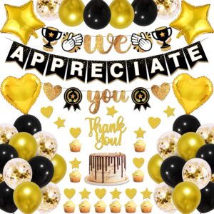 we appreciate you thank you banner appreciation decorations include gold glitter banners cake cupcake toppers latex foil balloons for teacher doctor staff nurse pastor graduation party (black)