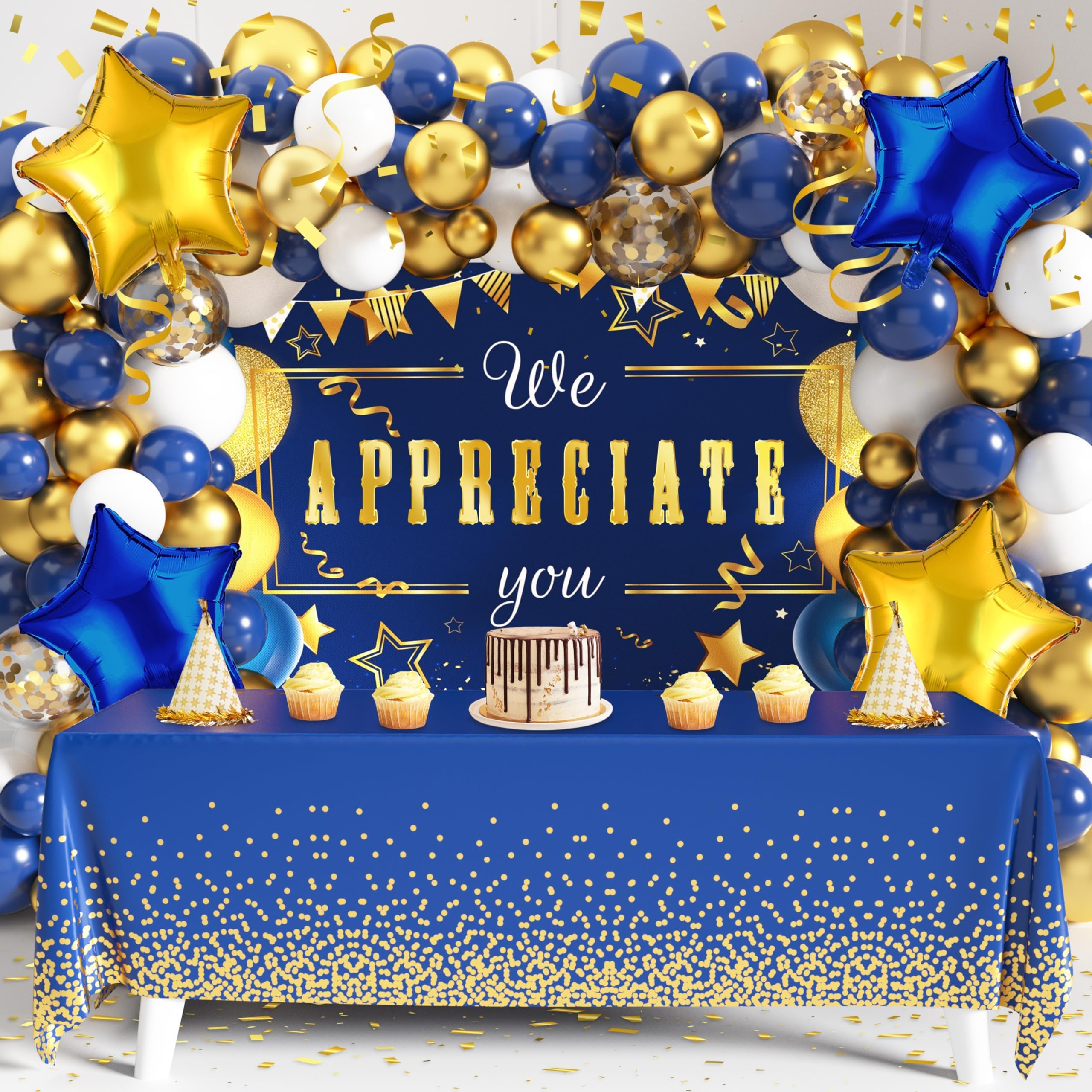 We Appreciate You Banner Backdrop Appreciation Decorations Kit Thank You Banner Balloons Table Cloth for Teacher Doctor Staff Nurse Pastor Appreciation Employee Graduation Party (Blue)