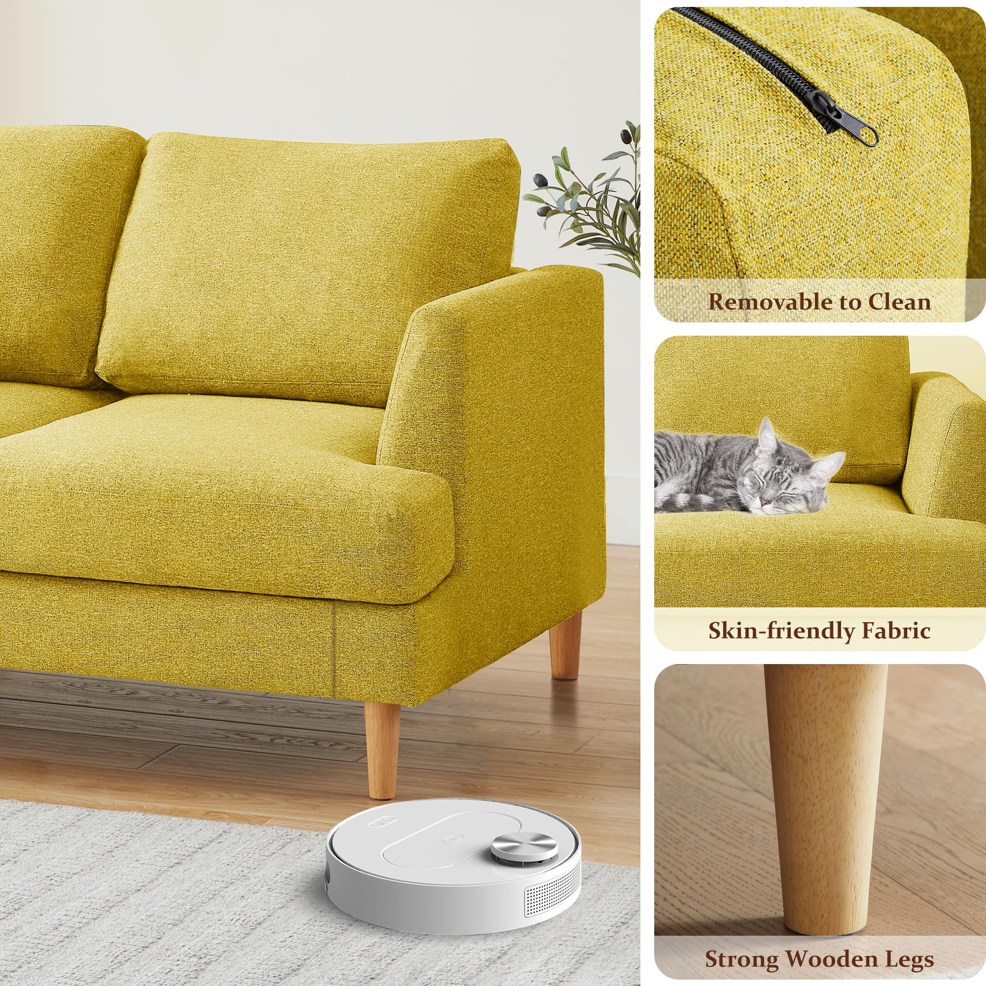 Busaurus Loveseat Sofa with Deep Seats, 56" Small Couches for Small Spaces, Mid Century Love Seat Couches for Living Room, Upholstered 2-Seater Small Couch for Bedroom, Apartment, Yellow