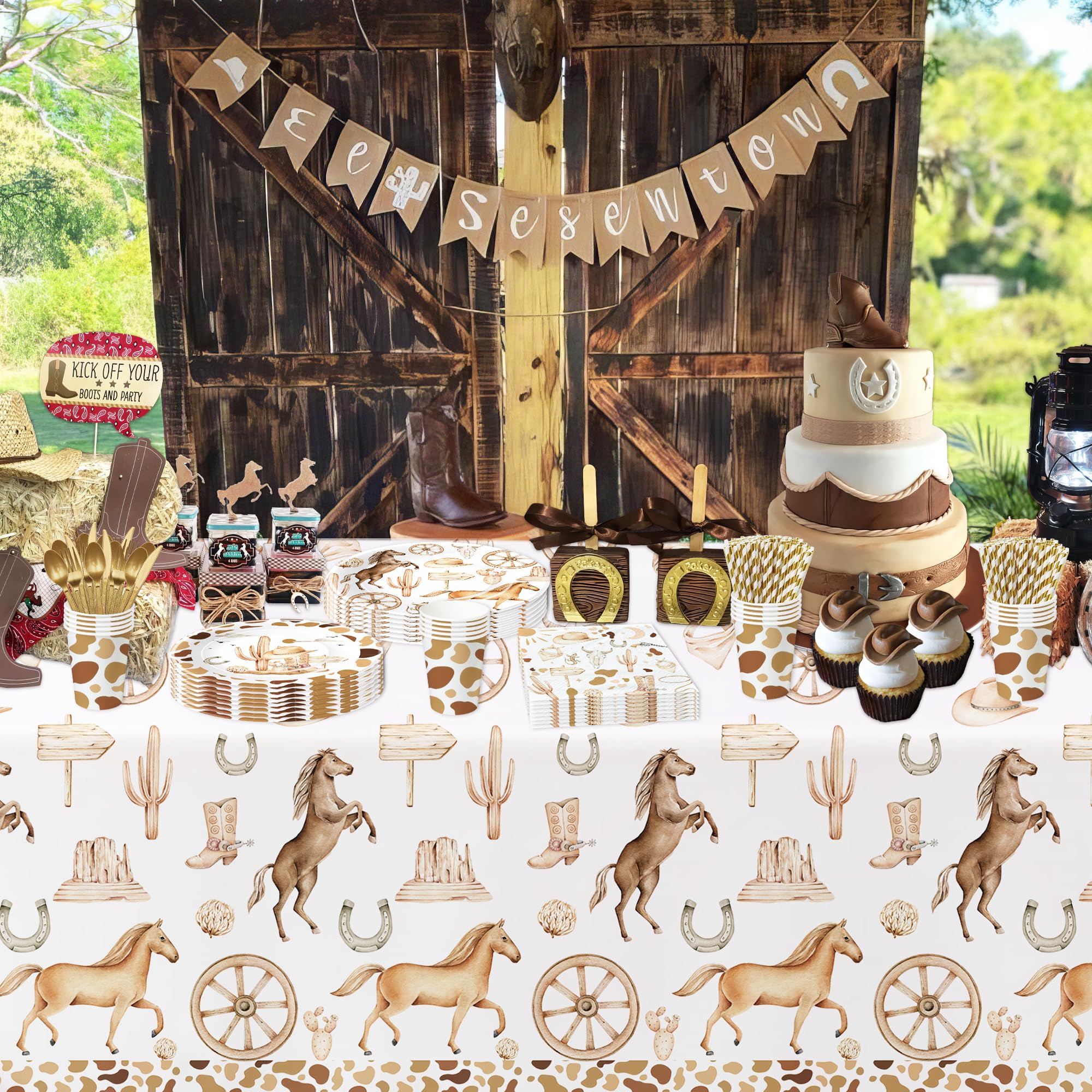 APOWBLS Western Cowboy Birthday Party Decorations Dinnerware - Wild West Party Supplies, Plate, Cup, Napkin, Cutlery, Tablecloth, Western Cowboy Rodeo Birthday Baby Shower Decorations | Serve 24