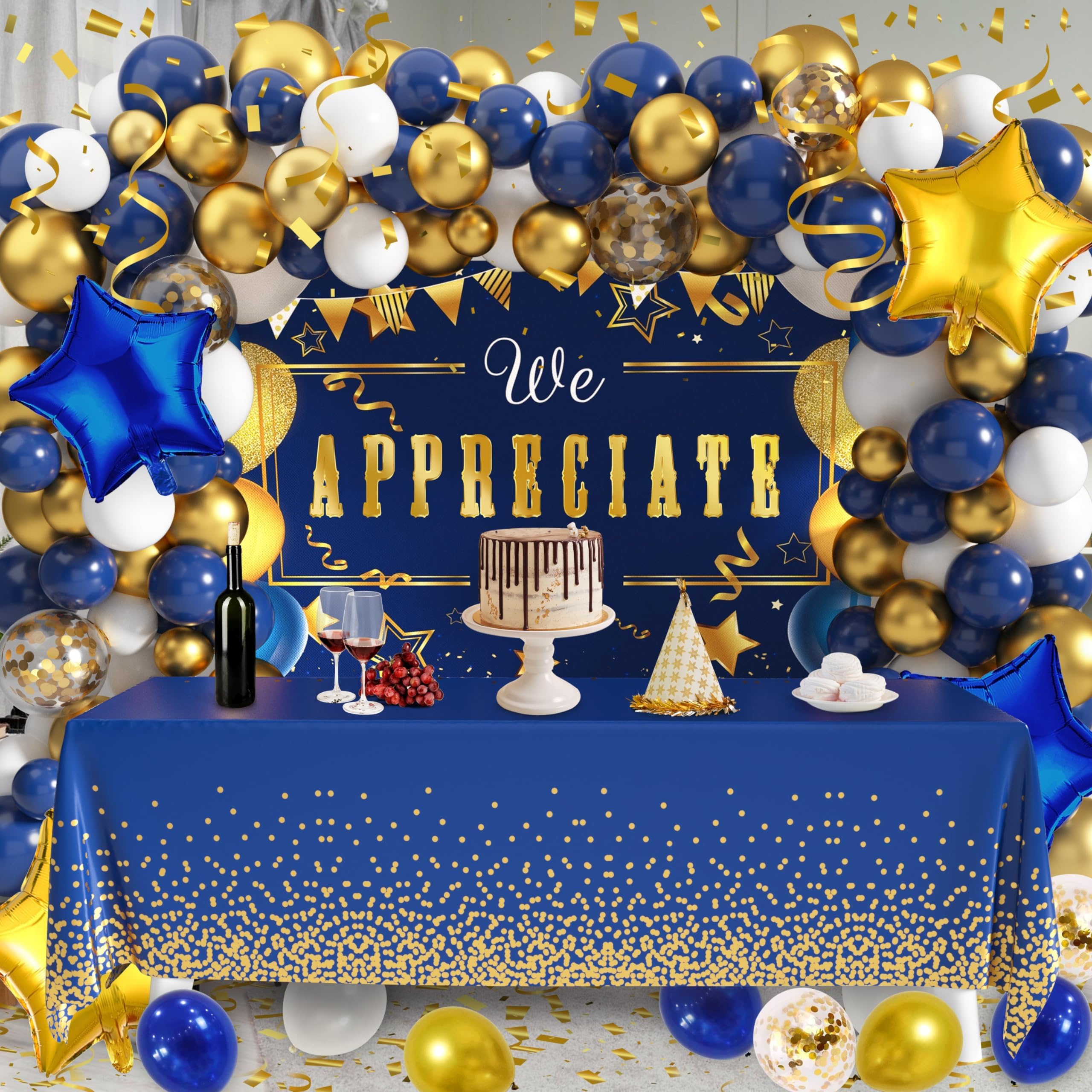 We Appreciate You Banner Backdrop Appreciation Decorations Kit Thank You Banner Balloons Table Cloth for Teacher Doctor Staff Nurse Pastor Appreciation Employee Graduation Party (Blue)