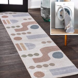 JONATHAN Y WSH308A-28 Riley Abstract Coastal Contemporary Machine-Washable Cream/Multi 2 ft. x 8 ft. Runner Rug, Coastal, Contemporary, Modern for Bedroom, Living Room, Kitchen, Entryway/Hallway