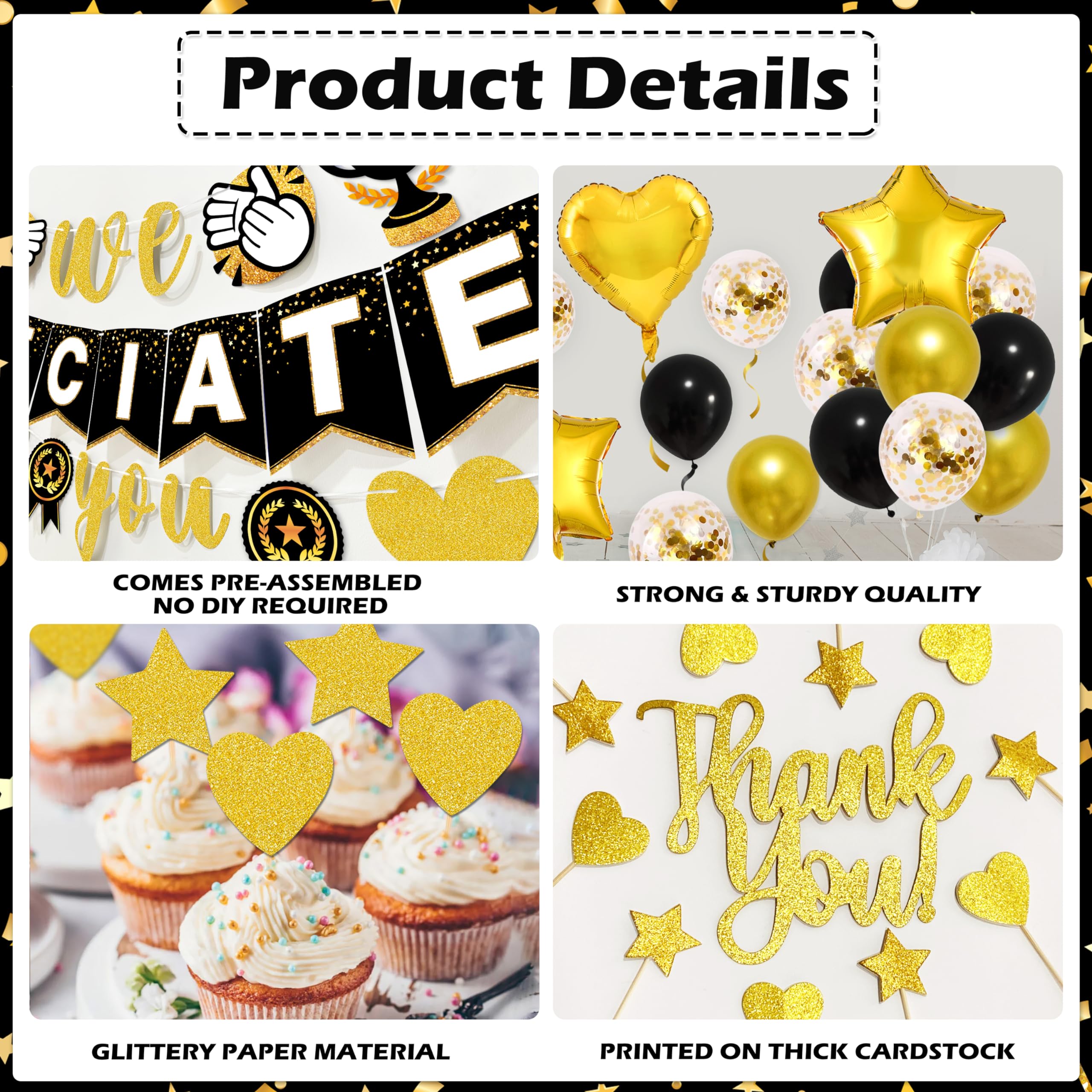 We Appreciate You Thank You Banner Appreciation Decorations Include Gold Glitter Banners Cake Cupcake Toppers Latex Foil Balloons for Teacher Doctor Staff Nurse Pastor Graduation Party (Black)