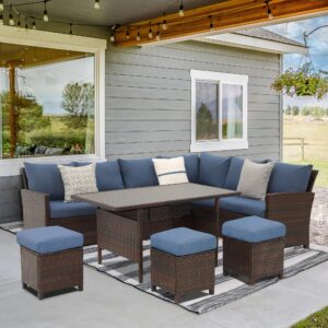 Wisteria Lane Patio Furniture Set, 7 Piece High Curved Back Outdoor Dining Sectional Sofa with Dining Table and Chair, All Weather Wicker Conversation Set with Ottoman, Blue