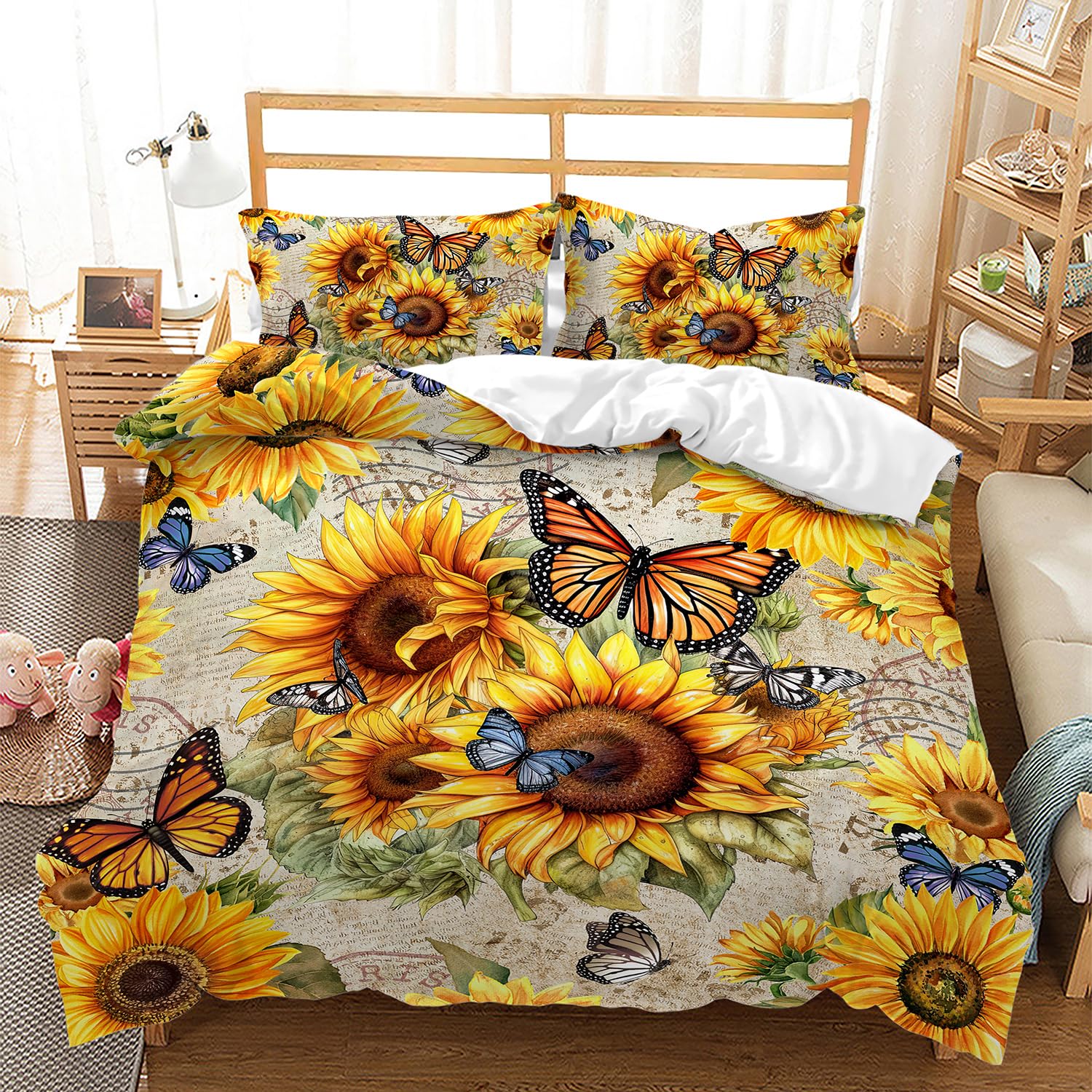 AILONEN Sunflower Duvet Cover Set King Size,Sunflower Bedding Sets Butterfly Comforter Cover Set,Retro Sunflower Printed Yellow Flower Comforter Cover Set 3 Pieces, 1 Quilt Cover and 2 Pillowcases