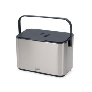 Joseph Joseph Collect 1.06 gallon/4 Liters Stainless Steel Food Compost Bin with Handle, Removable Inner Bucket and Bin Liners Storage, Includes Odor Filter and 3x Bin Liners