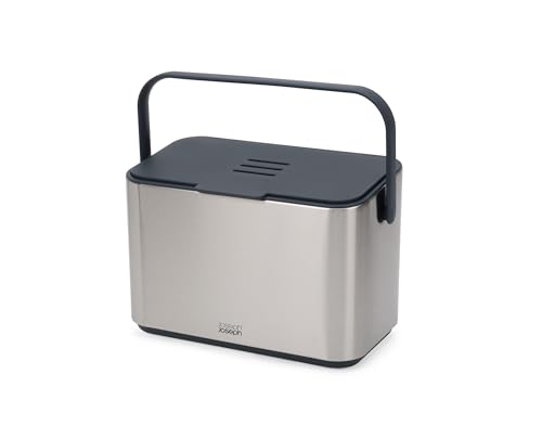 Joseph Joseph Collect 1.06 gallon/4 Liters Stainless Steel Food Compost Bin with Handle, Removable Inner Bucket and Bin Liners Storage, Includes Odor Filter and 3x Bin Liners