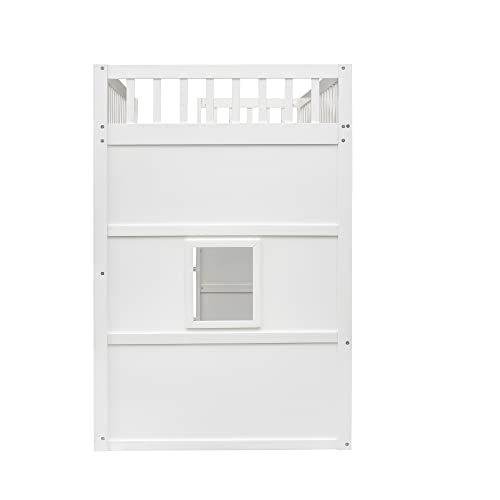 BOVZA Twin Size House Loft Bed, Wooden Bed Frame with Ladder, Kids Playhouse Bed with Window for Girls Boys, White