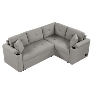 Verfur L Shaped Convertible Sectional Sofa with Pull Out Bed, Boucle Upholstery Reversible Couch with Cupholders&USB Ports, Power Sockets,4 Seater Corner Sofabed for Living Room Furniture Sets