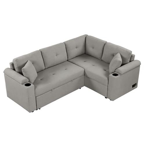 Verfur L Shaped Convertible Sectional Sofa with Pull Out Bed, Boucle Upholstery Reversible Couch with Cupholders&USB Ports, Power Sockets,4 Seater Corner Sofabed for Living Room Furniture Sets