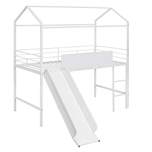 BOVZA Twin Size Metal House Loft Bed with Slide and Roof, Multifunctional Loftbed Frame with Two-Sided Writable Wooden Board, White