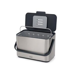 Joseph Joseph Collect 1.06 gallon/4 Liters Stainless Steel Food Compost Bin with Handle, Removable Inner Bucket and Bin Liners Storage, Includes Odor Filter and 3x Bin Liners