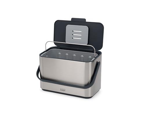 Joseph Joseph Collect 1.06 gallon/4 Liters Stainless Steel Food Compost Bin with Handle, Removable Inner Bucket and Bin Liners Storage, Includes Odor Filter and 3x Bin Liners