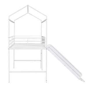 BOVZA Twin Size Metal House Loft Bed with Slide and Roof, Multifunctional Loftbed Frame with Two-Sided Writable Wooden Board, White