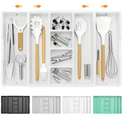 KreuRaxy Expandable Cooking Utensil Organizer Tray for Kitchen Drawer, 13 to 22.8 Inch Adjustable Silverware Cutlery Flatware Organiser with 2 Divider, Perfect for Spatula Spoon Tools, Large, White