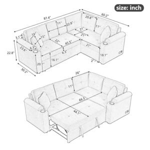 Verfur L Shaped Convertible Sectional Sofa with Pull Out Bed, Boucle Upholstery Reversible Couch with Cupholders&USB Ports, Power Sockets,4 Seater Corner Sofabed for Living Room Furniture Sets