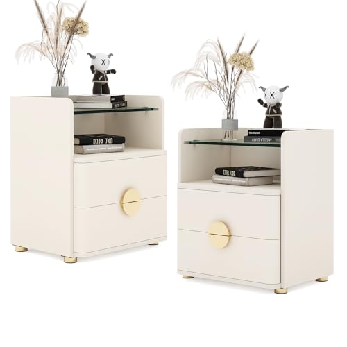 2-Drawer Nightstands Set of 2, Modern Night Stand with Open Tempered Glasses Storage Space, Wooden Bed Side Table for Bedroom, Side End Table for Living Room, Easy Assembly