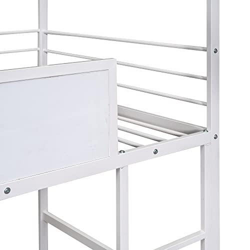 BOVZA Twin Size Metal House Loft Bed with Slide and Roof, Multifunctional Loftbed Frame with Two-Sided Writable Wooden Board, White