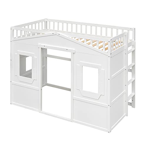 BOVZA Twin Size House Loft Bed, Wooden Bed Frame with Ladder, Kids Playhouse Bed with Window for Girls Boys, White