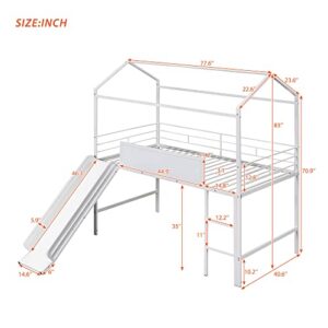 BOVZA Twin Size Metal House Loft Bed with Slide and Roof, Multifunctional Loftbed Frame with Two-Sided Writable Wooden Board, White