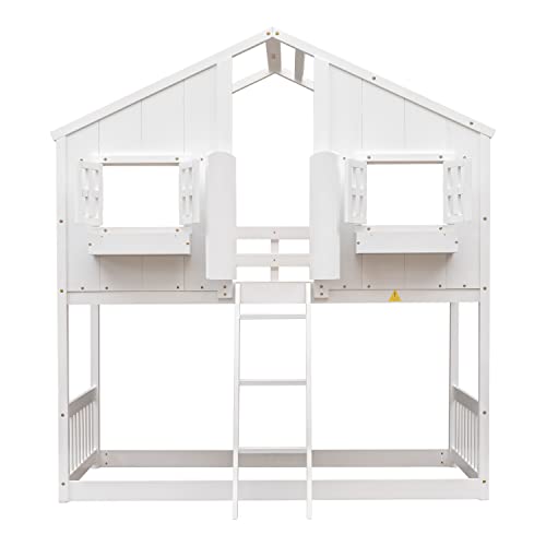 BOVZA Twin Over Twin House Bunk Beds with Roof and Window Door, Window Box, Ladder, Wood Playhouse Bunk Bed for Kids Girls Boys Teens, White