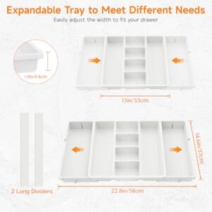 KreuRaxy Expandable Cooking Utensil Organizer Tray for Kitchen Drawer, 13 to 22.8 Inch Adjustable Silverware Cutlery Flatware Organiser with 2 Divider, Perfect for Spatula Spoon Tools, Large, White