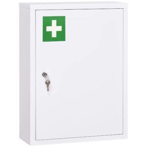 kleankin 16" x 21" wall medicine cabinet with lock, 3 tier steel locking wall cabinet for bathroom, kitchen with 2 keys, white