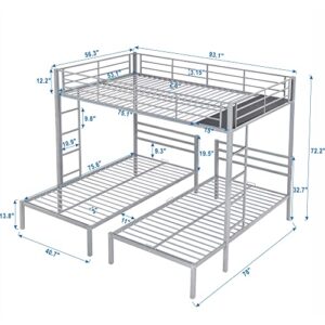 BOVZA Metal Triple Bunk Bed, Full Over Twin & Twin Size Bunk Bed with Built-in Shelf and Ladder, 3 Bunk Beds for Kids Teens Adults, Silver