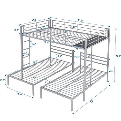 BOVZA Metal Triple Bunk Bed, Full Over Twin & Twin Size Bunk Bed with Built-in Shelf and Ladder, 3 Bunk Beds for Kids Teens Adults, Silver