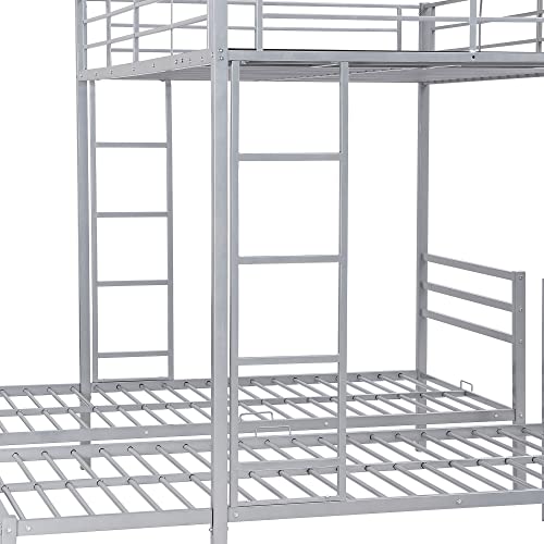 BOVZA Metal Triple Bunk Bed, Full Over Twin & Twin Size Bunk Bed with Built-in Shelf and Ladder, 3 Bunk Beds for Kids Teens Adults, Silver