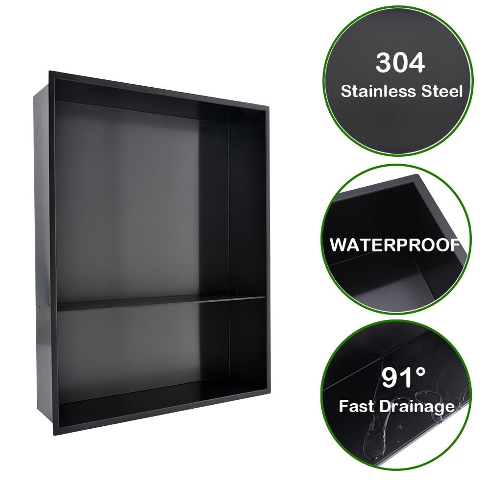 swift horse Black Double Layer Stainless Steel Shower Niche, 16" X 20" No Tile Needed Wall Niche Double Shelves, Recessed Niche Shower for Bathroom Storage Over Mount Installation