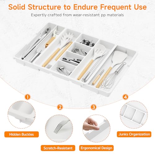 KreuRaxy Expandable Cooking Utensil Organizer Tray for Kitchen Drawer, 13 to 22.8 Inch Adjustable Silverware Cutlery Flatware Organiser with 2 Divider, Perfect for Spatula Spoon Tools, Large, White