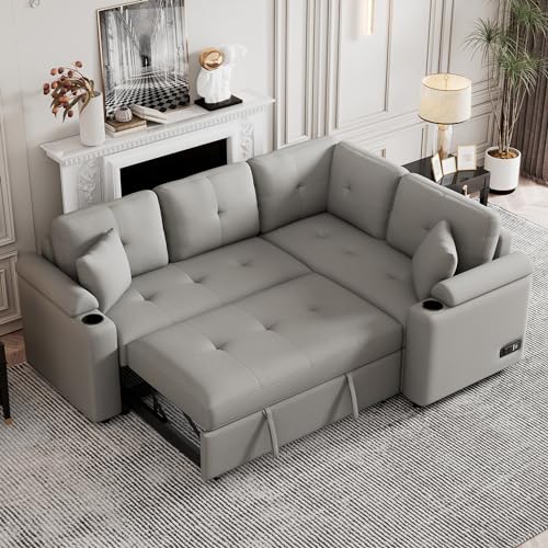 Verfur L Shaped Convertible Sectional Sofa with Pull Out Bed, Boucle Upholstery Reversible Couch with Cupholders&USB Ports, Power Sockets,4 Seater Corner Sofabed for Living Room Furniture Sets