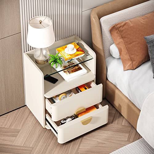 2-Drawer Nightstands Set of 2, Modern Night Stand with Open Tempered Glasses Storage Space, Wooden Bed Side Table for Bedroom, Side End Table for Living Room, Easy Assembly