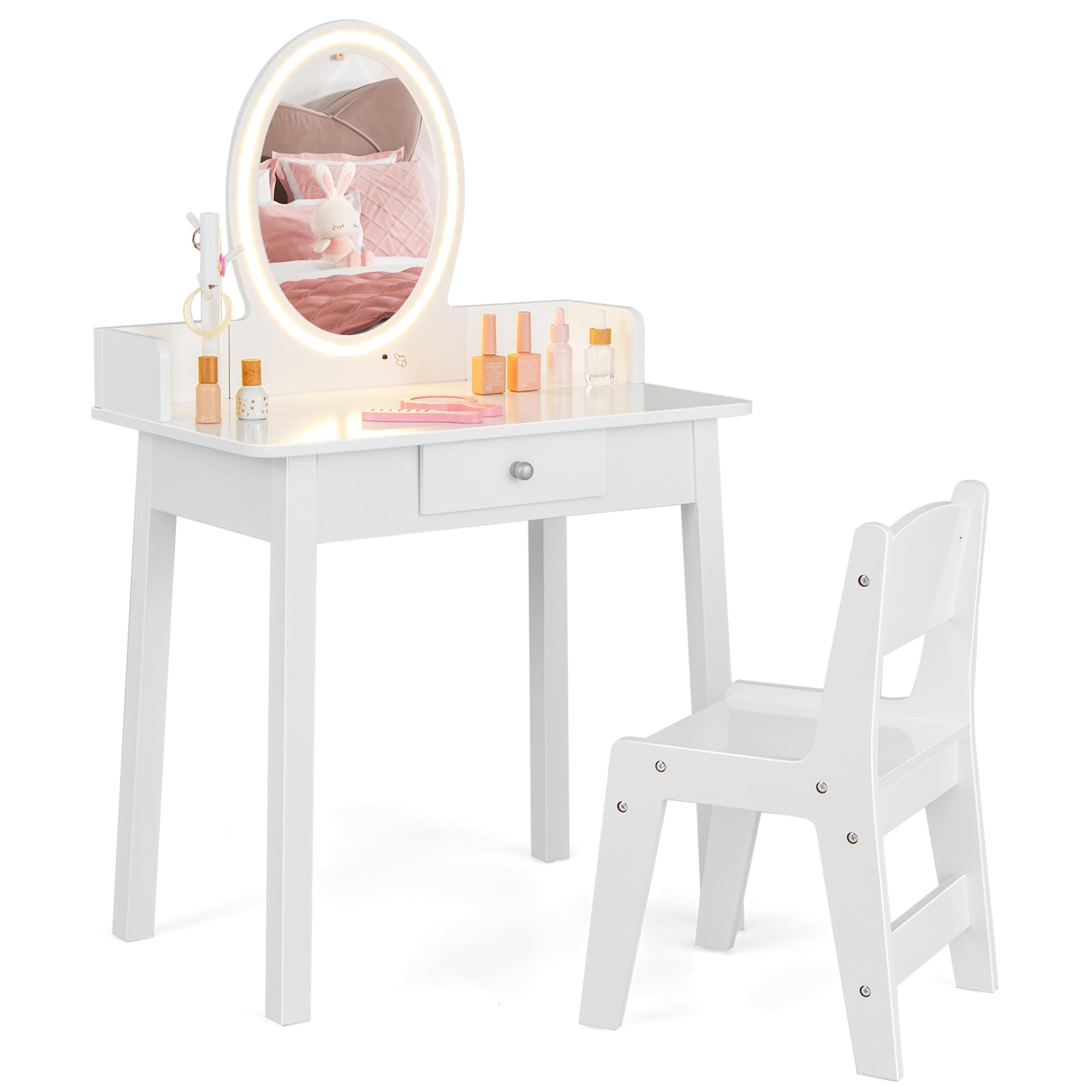 Costzon Kids Vanity, Girls Vanity Set with Mirror and Stool and Lights, Drawer, Jewelry Rack, 2 in 1 Wooden Princess Makeup Desk Dressing Table, Pretend Play Kids Vanity Table and Chair Set (White)